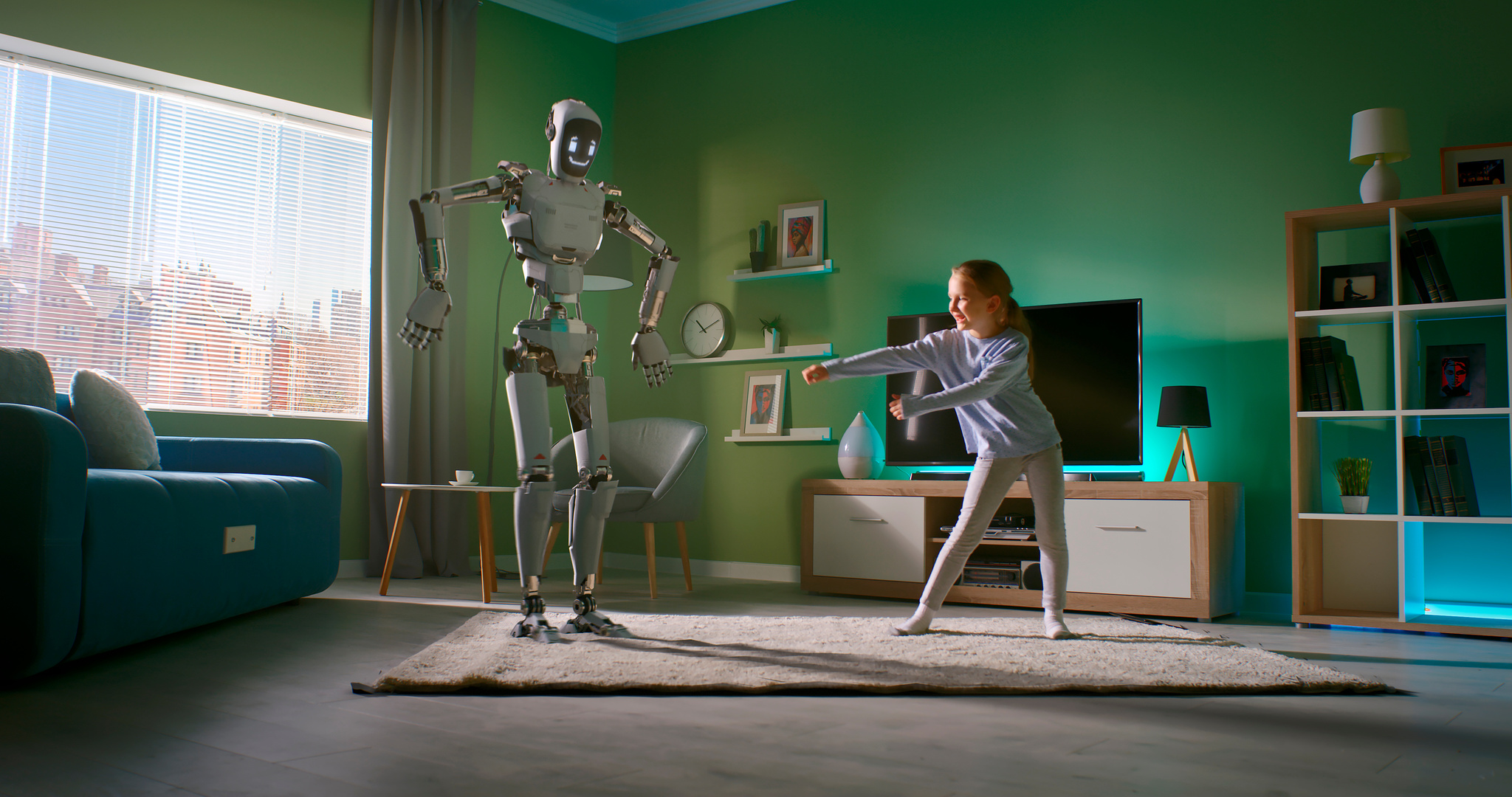Girl dancing with robot friend at home